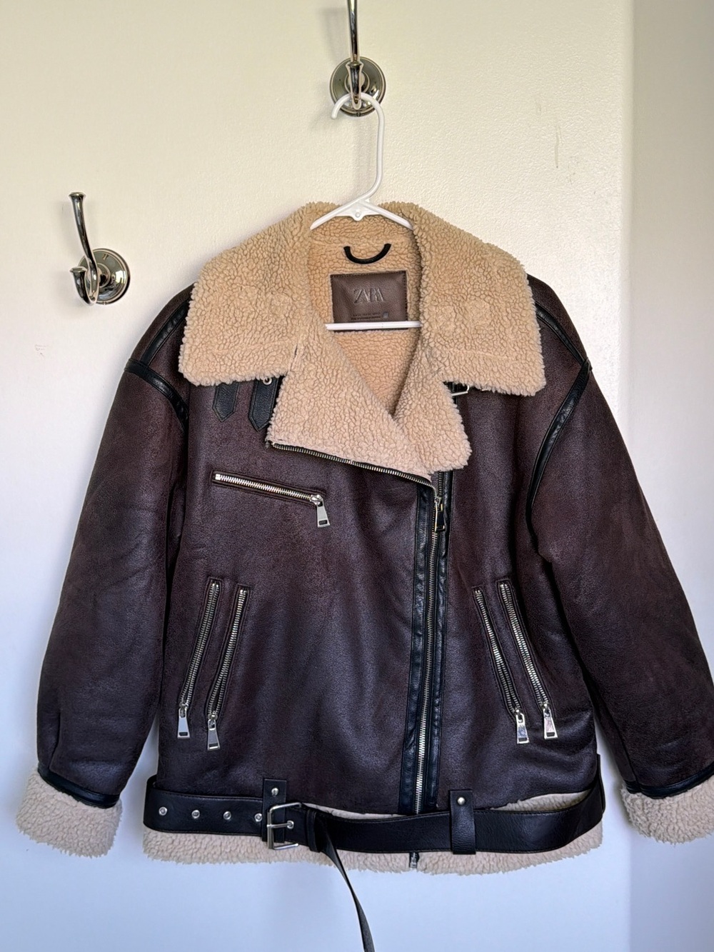 Zara Brown Shearling Aviator Jacket with Cream Lining